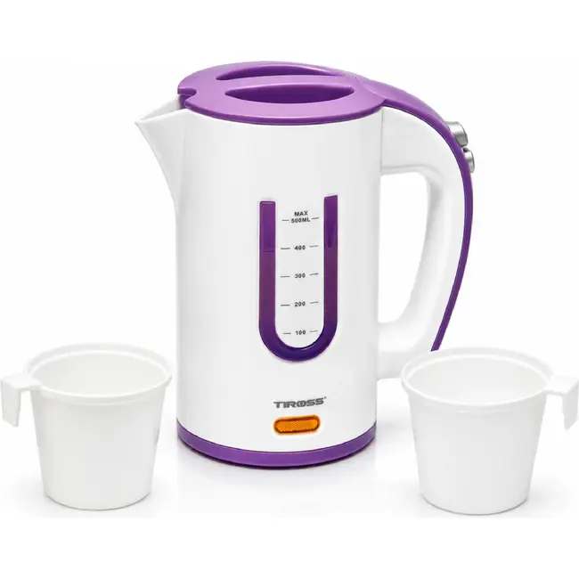 TIROSS Waterkoker 0,5 l met 2 bekers in wit met turquoise of paars