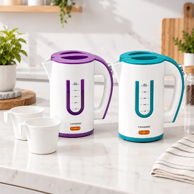 TIROSS Waterkoker 0,5 l met 2 bekers in wit met turquoise of paars