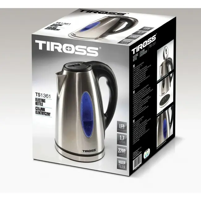 TIROSS Waterkoker 1,7 l 2200 W van RVS met waterfilter en draaivoet