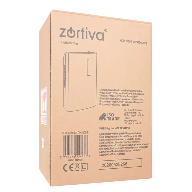 Zortiva Luchtontvochtiger 90 W voor 30 m² met 1800 ml reservoir, timer en LCD-display