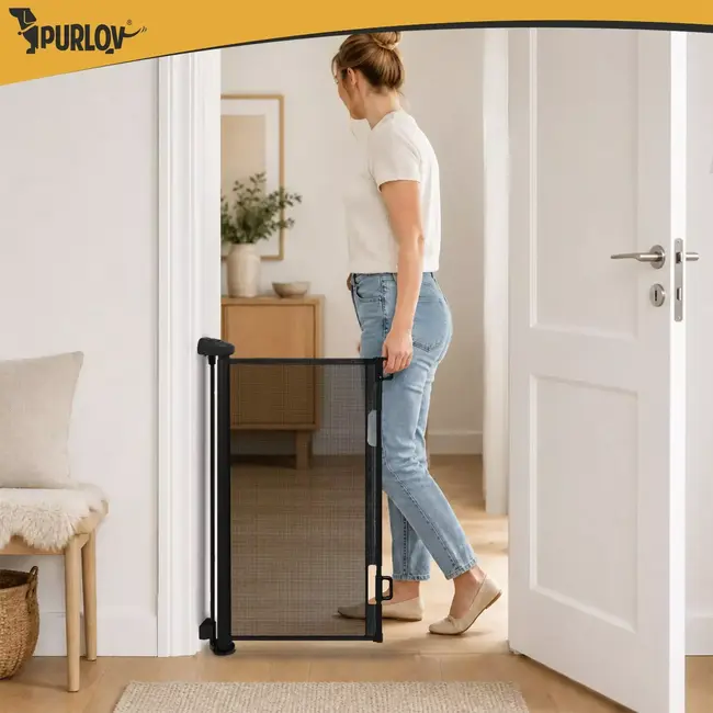 Purlov Oprolbaar veiligheidshekje zwart voor doorgangen van 70-140 cm met complete montageset