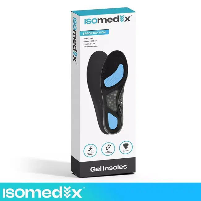 Isomedix Gel-inlegzolen maat 42-46 met TPE-gel, schokdemping en voetboogondersteuning, op maat te knippen per paar