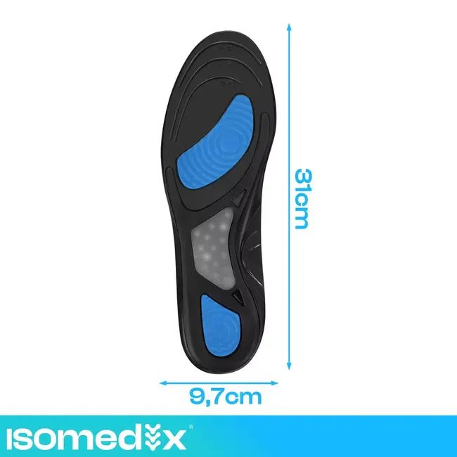 Isomedix Gel-inlegzolen maat 42-46 met TPE-gel, schokdemping en voetboogondersteuning, op maat te knippen per paar