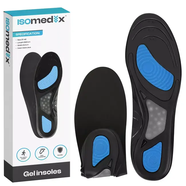 Isomedix Gel-inlegzolen maat 42-46 met TPE-gel, schokdemping en voetboogondersteuning, op maat te knippen per paar