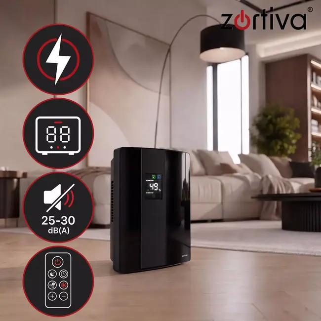 Zortiva Luchtontvochtiger 30 m² zwart met hygrostaat 40-70%, 2 liter reservoir en timer