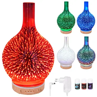 Zortiva Luchtbevochtiger 200 ml met aromadiffuser, 3D LED-vuurwerkeffect, timer en 3 geuroliën