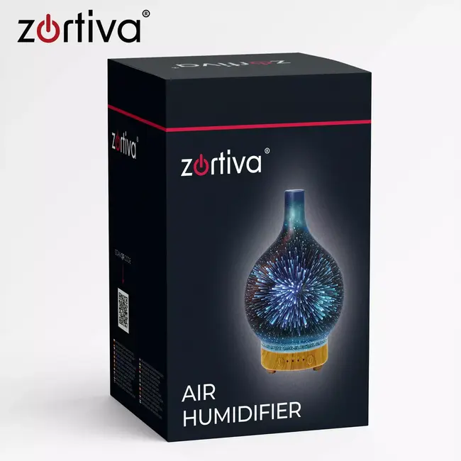 Zortiva Luchtbevochtiger 200 ml met aromadiffuser, 3D LED-vuurwerkeffect, timer en 3 geuroliën