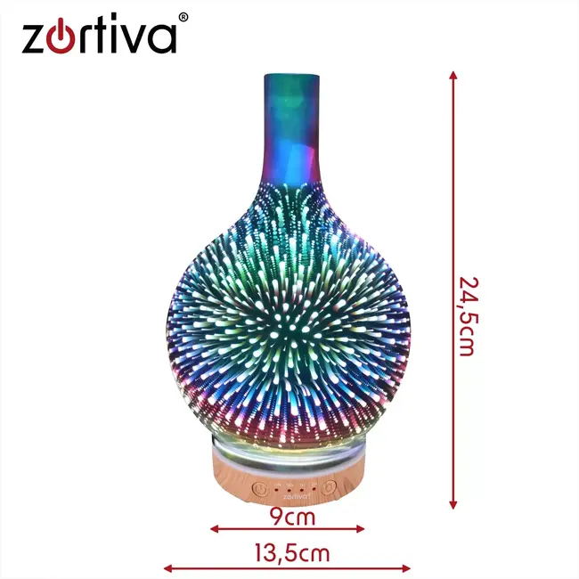 Zortiva Luchtbevochtiger 200 ml met aromadiffuser, 3D LED-vuurwerkeffect, timer en 3 geuroliën