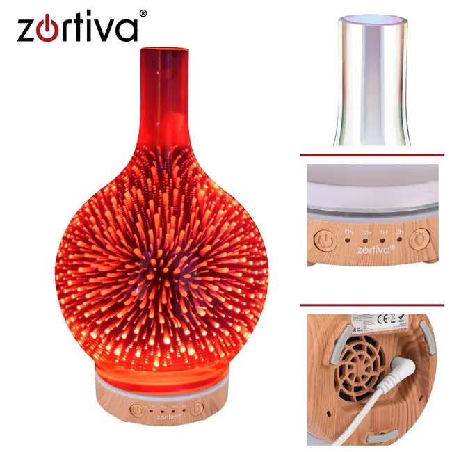 Zortiva Luchtbevochtiger 200 ml met aromadiffuser, 3D LED-vuurwerkeffect, timer en 3 geuroliën