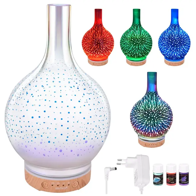 Zortiva Luchtbevochtiger 200 ml met aromadiffuser, 3D LED-vuurwerkeffect, timer en 3 geuroliën