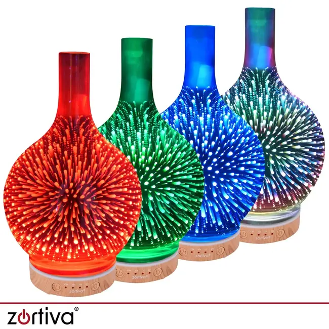 Zortiva Luchtbevochtiger 200 ml met aromadiffuser, 3D LED-vuurwerkeffect, timer en 3 geuroliën