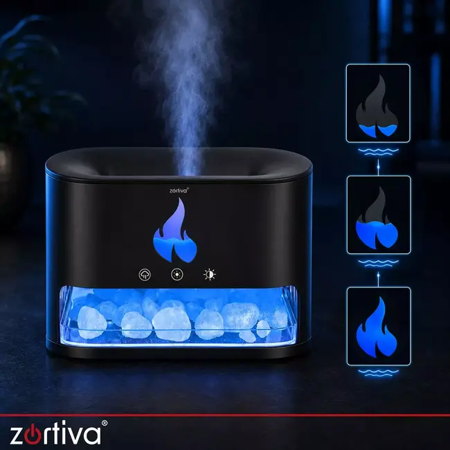Zortiva Luchtbevochtiger 250 ml met ultrasone aromadiffuser, LED-vlameffect en timer