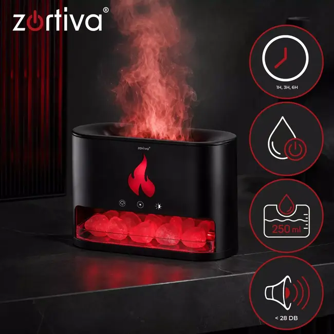 Zortiva Luchtbevochtiger 250 ml met ultrasone aromadiffuser, LED-vlameffect en timer