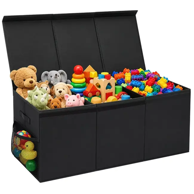 Kruzzel Speelgoedkist XXL zwart 132 liter 94 x 39 x 35 cm met deksel, 3 vakken en zijvakken