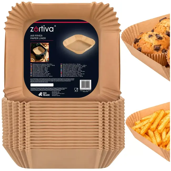 Zortiva Airfryer bakpapier 20 x 20 cm - 400 bakjes met antikleeflaag en 4,5 cm hoge rand