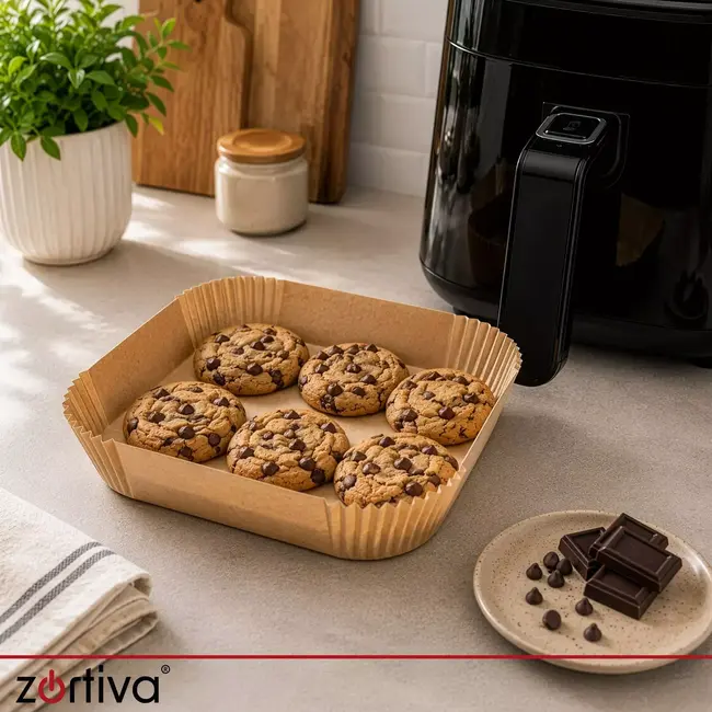 Zortiva Airfryer bakpapier 20 x 20 cm - 400 bakjes met antikleeflaag en 4,5 cm hoge rand