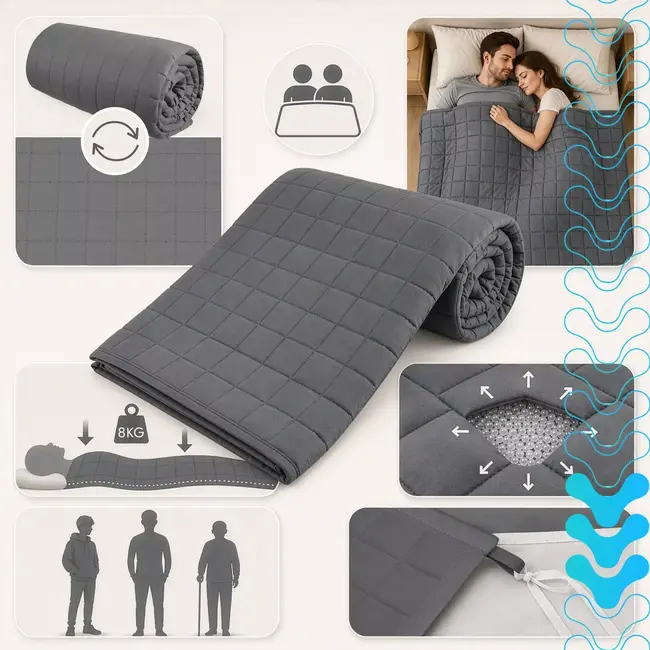 Isomedix Gewichtsdeken 8 kg 200 x 150 cm grijs met glazen bolletjes en 7-laagse opbouw