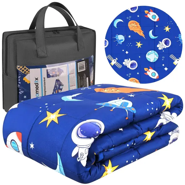 Isomedix Gewichtsdeken kinderen 3 kg 100 x 150 cm blauw met glazen bolletjes en ruimtemotief