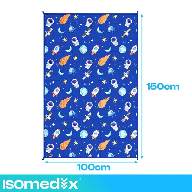 Isomedix Gewichtsdeken kinderen 3 kg 100 x 150 cm blauw met glazen bolletjes en ruimtemotief
