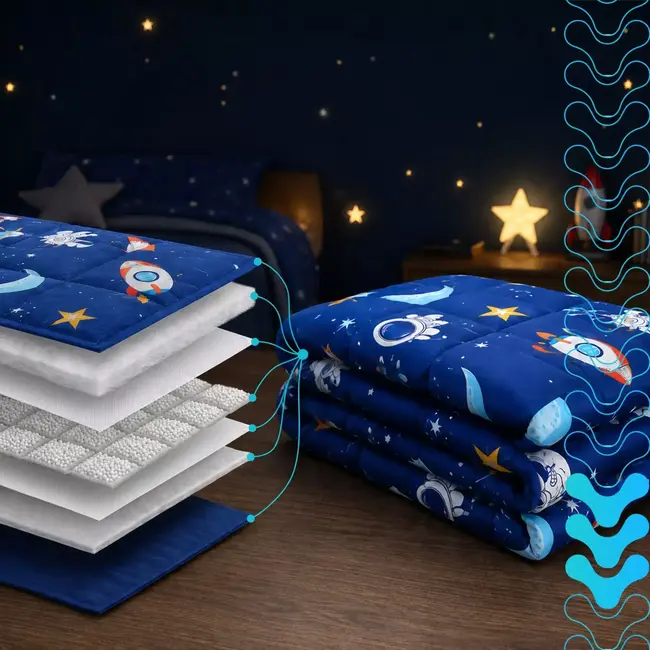 Isomedix Gewichtsdeken kinderen 3 kg 100 x 150 cm blauw met glazen bolletjes en ruimtemotief