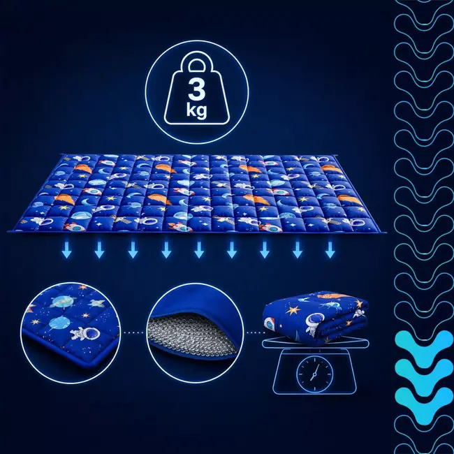 Isomedix Gewichtsdeken kinderen 3 kg 100 x 150 cm blauw met glazen bolletjes en ruimtemotief