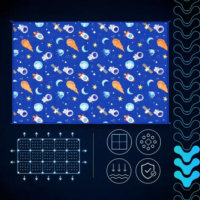 Isomedix Gewichtsdeken kinderen 3 kg 100 x 150 cm blauw met glazen bolletjes en ruimtemotief