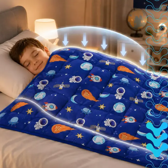 Isomedix Gewichtsdeken kinderen 3 kg 100 x 150 cm blauw met glazen bolletjes en ruimtemotief