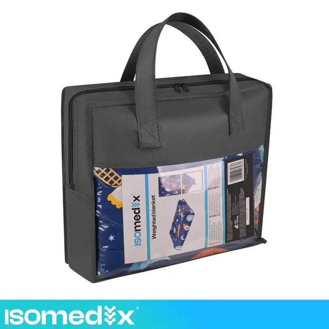 Isomedix Gewichtsdeken kinderen 3 kg 100 x 150 cm blauw met glazen bolletjes en ruimtemotief