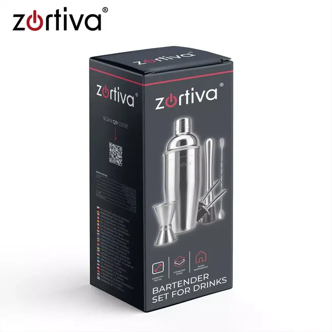 Zortiva Cocktailset 6-in-1 met shaker 700 ml, jigger 15/30 ml, muddler, lepel en schenktuiten