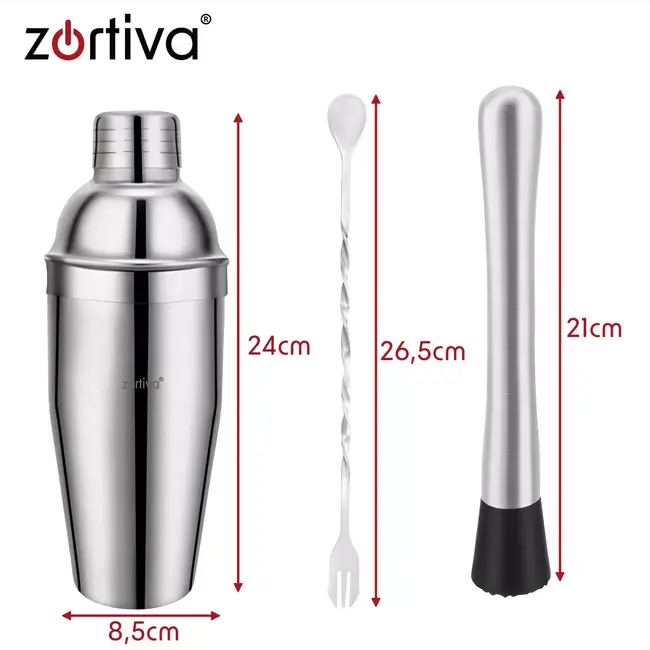 Zortiva Cocktailset 6-in-1 met shaker 700 ml, jigger 15/30 ml, muddler, lepel en schenktuiten