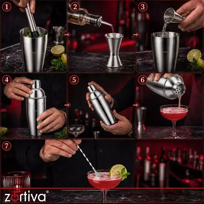 Zortiva Cocktailset 6-in-1 met shaker 700 ml, jigger 15/30 ml, muddler, lepel en schenktuiten