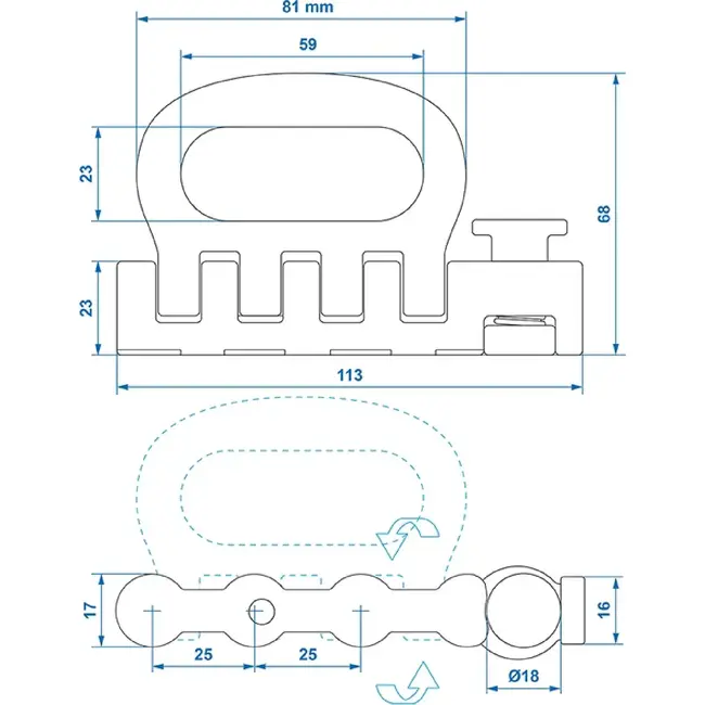 ProPlus Viervoudige stud fitting klapbaar voor airline rail met 25 kN trekbelasting en sjorpunt