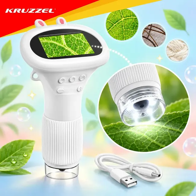 Kruzzel Digitale kindermicroscoop 1000x met 2 inch IPS-scherm, 8 LED's en 2 MP camera voor kinderen