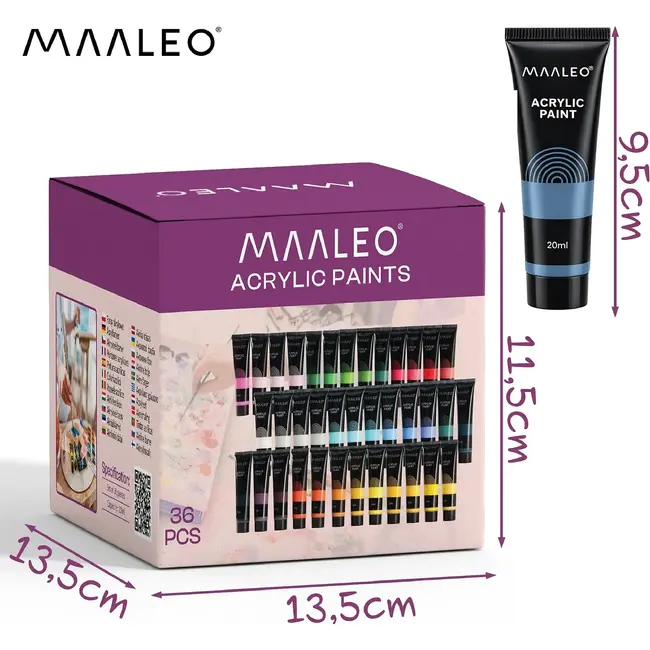 Maaleo Acrylverf set 36 kleuren - 36 x 20 ml - voor schilderen op papier, canvas, karton en hout