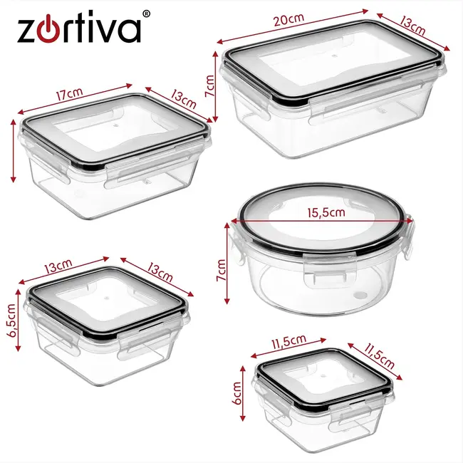 Zortiva Voedselbakjes set van 12 - BPA-vrij - 5 inhoudsmaten - voor magnetron, vriezer en vaatwasser