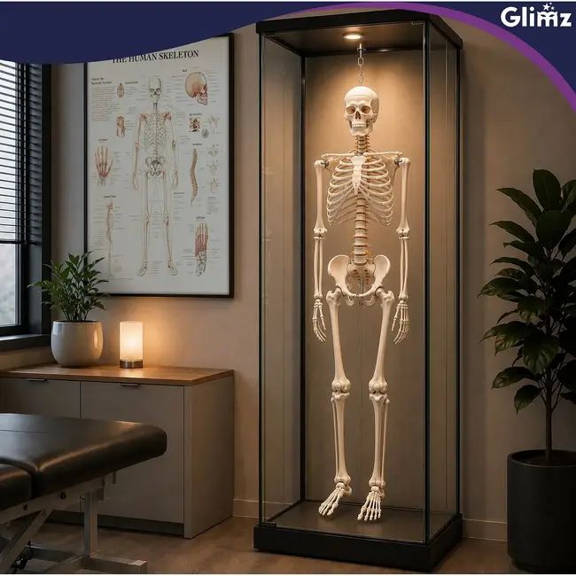 Glimz Anatomisch skelet 170 cm - schaal 1:1 - driedelige schedel en afneembare ledematen - met verrijdbare standaard en poster