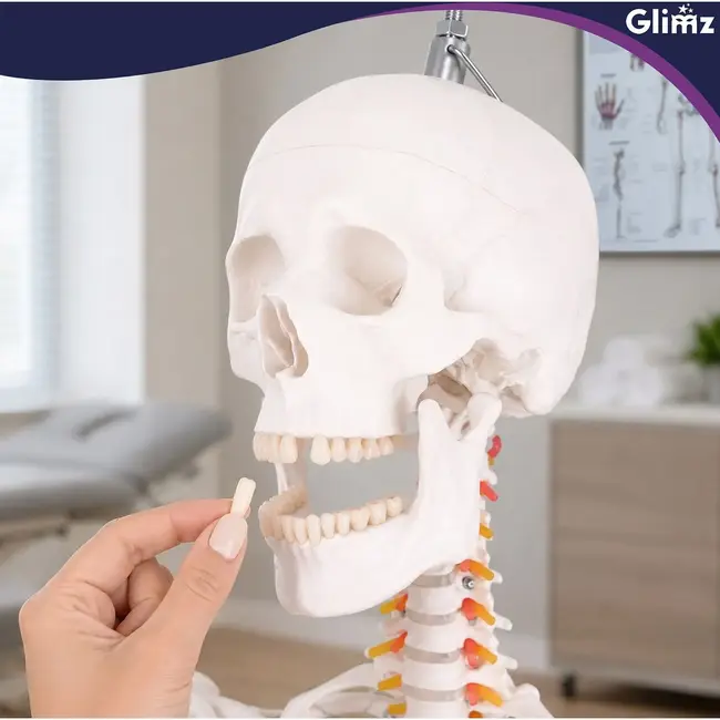 Glimz Anatomisch skelet 170 cm - schaal 1:1 - driedelige schedel en afneembare ledematen - met verrijdbare standaard en poster