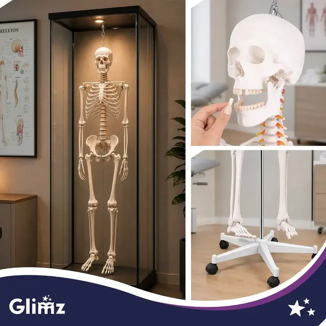 Glimz Anatomisch skelet 170 cm - schaal 1:1 - driedelige schedel en afneembare ledematen - met verrijdbare standaard en poster