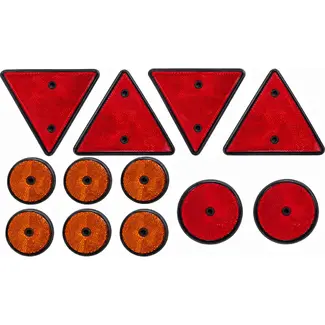 Dragon-Tools veiligheidsreflectorenset voor aanhanger - kunststof - rond en driehoek - 60/80 mm - rood en oranje - 12-delig