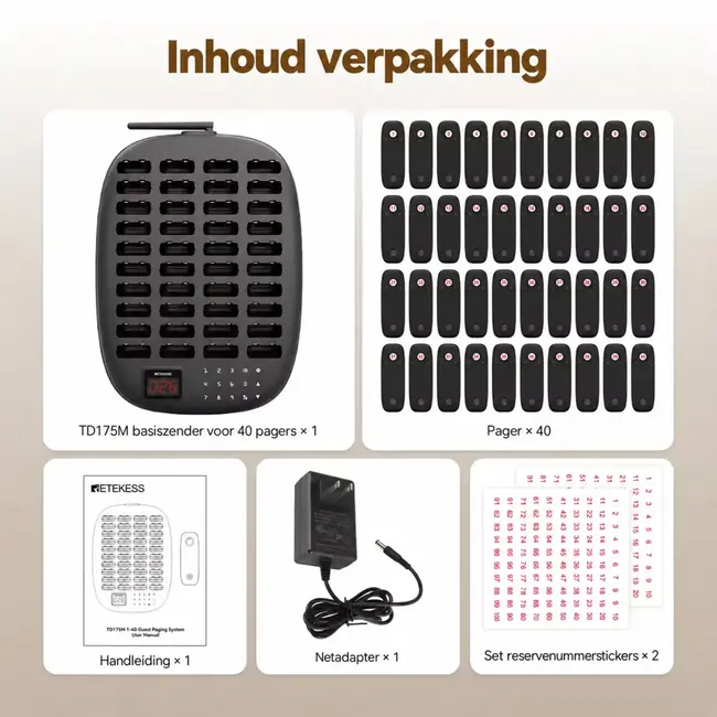 Retekess Restaurant oproepsysteem TD175M met 40 pagers, 7 meldstanden en magnetisch laadstation voor horeca