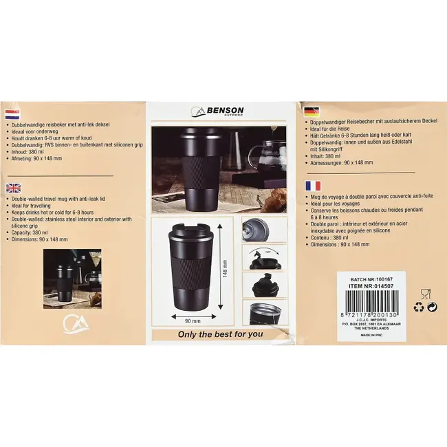 Benson Dubbelwandige reisbeker - RVS - Anti-lek - Siliconen grip - 380 ml