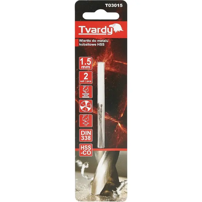 Tvardy HSS-Co metaalboor M35 1,5 mm DIN 338 met 135 graden boorpunt - 2 stuks
