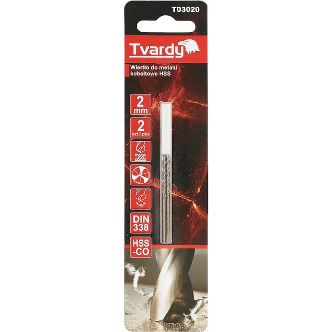Tvardy HSS-Co metaalboor M35 2 mm DIN 338 met 135 graden boorpunt - 2 stuks