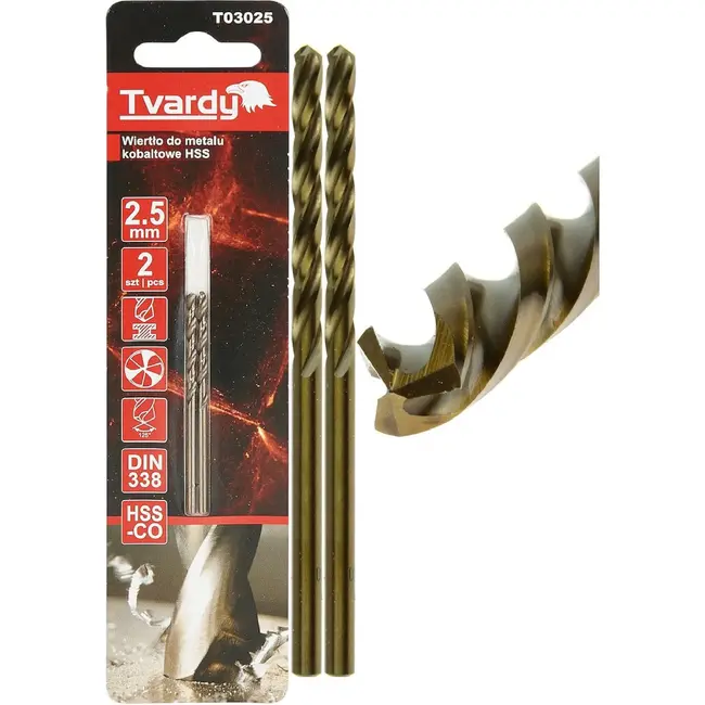 Tvardy HSS-Co metaalboor M35 2,5 mm DIN 338 met 135 graden boorpunt - 2 stuks