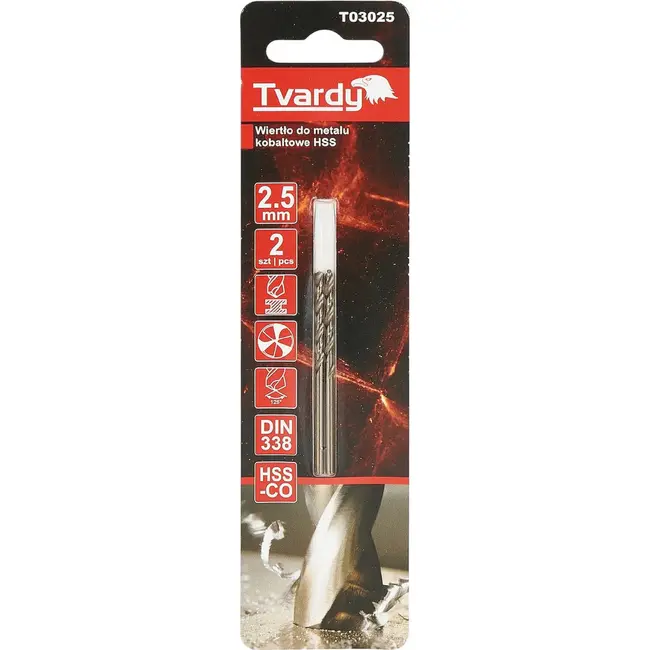 Tvardy HSS-Co metaalboor M35 2,5 mm DIN 338 met 135 graden boorpunt - 2 stuks