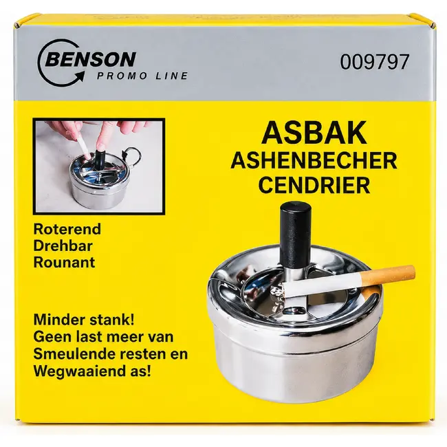 Benson Roterende metalen asbak - druk en draai - zilver - Ø 9 cm