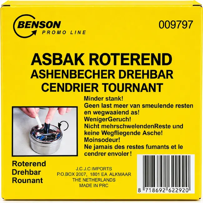 Benson Roterende metalen asbak - druk en draai - zilver - Ø 9 cm