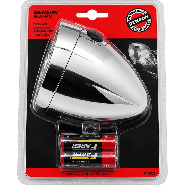 Benson Retro fietskoplamp - chroom - 1 LED - 15 meter zicht - inclusief batterijen
