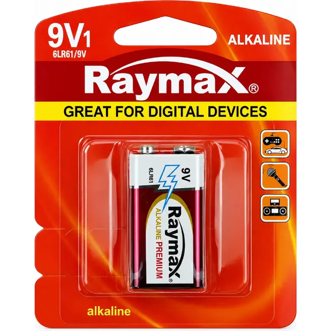 Raymax Krachtige 9V batterij - Alkaline - Langdurige prestaties - Betrouwbaar - 26.5 × 48.5 × 17.5 mm
