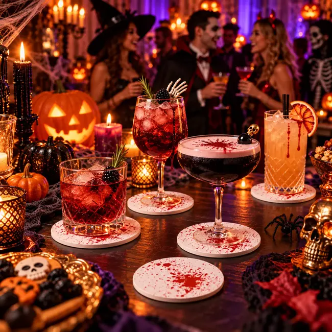 Articasa Halloween onderzetters - Bloedspetters - Ø 9.8 cm - 10 stuks - Wit/Rood